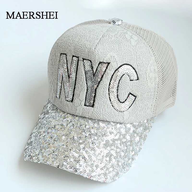 

MAERSHEI Summer Women's Lace Sequined Baseball Cap NYC Letter Casual Snapback Adjustable Fashion Girl's Hat