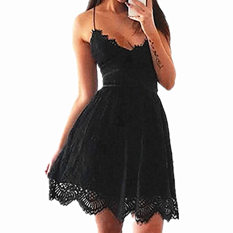 Women Backless Spaghetti Strap Sexy Lace Dress Sleeveless V-Neck Loose 2019 Spring Dress Cotton Black Elegant Party Dresses
Women Backless Spaghetti Strap Sexy Lace Dress Sleeveless V-Neck Loose 2019 Spring Dress Cotton Black Elegant Party Dresses