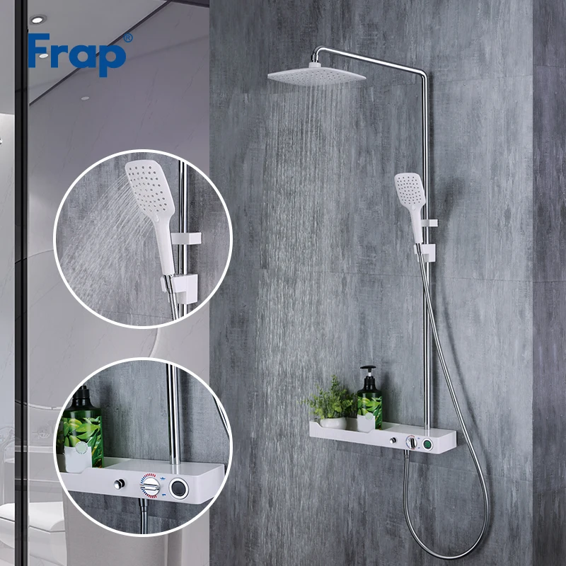 

Frap Modern White Bathroom Rainfall Shower Faucets Set Single Handle Mixer Tap Hand Sprayer Faucet Whith Shelf Crane Y24007