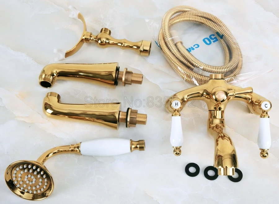 Deck Mounted Gold Color Brass Bathroom Tub Faucet Set + Hand Shower Head Luxury Dual Handle Shower Faucets tna132
Deck Mounted Gold Color Brass Bathroom Tub Faucet Set + Hand Shower Head Luxury Dual Handle Shower Faucets tna132