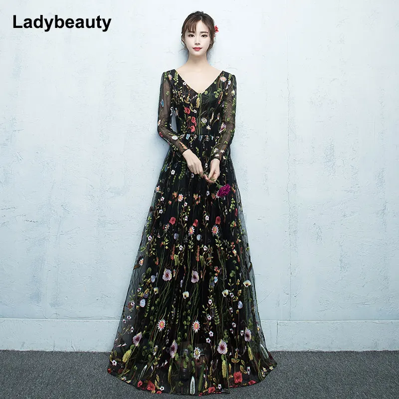 Женское вечернее платье на шнуровке Ladybeauty Черное с длинными рукавами и цветочной