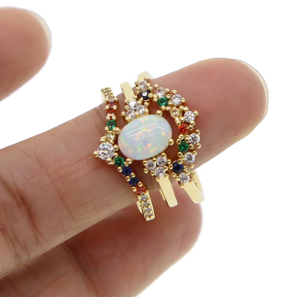 copper gold color thin 3pcs set ring line micro pave cz eternity rainbow women engagement egg shape white fire opal | Украшения и
