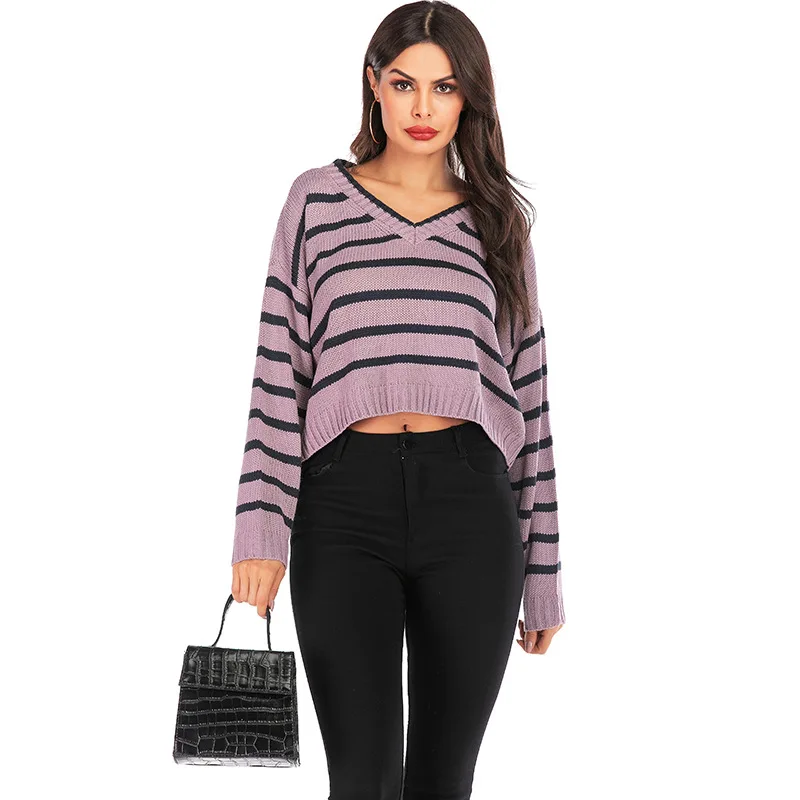 Autumn 2019 European and American pullovers V-neck striped loose sweater women's knitted sweater
Autumn 2019 European and American pullovers V-neck striped loose sweater women's knitted sweater