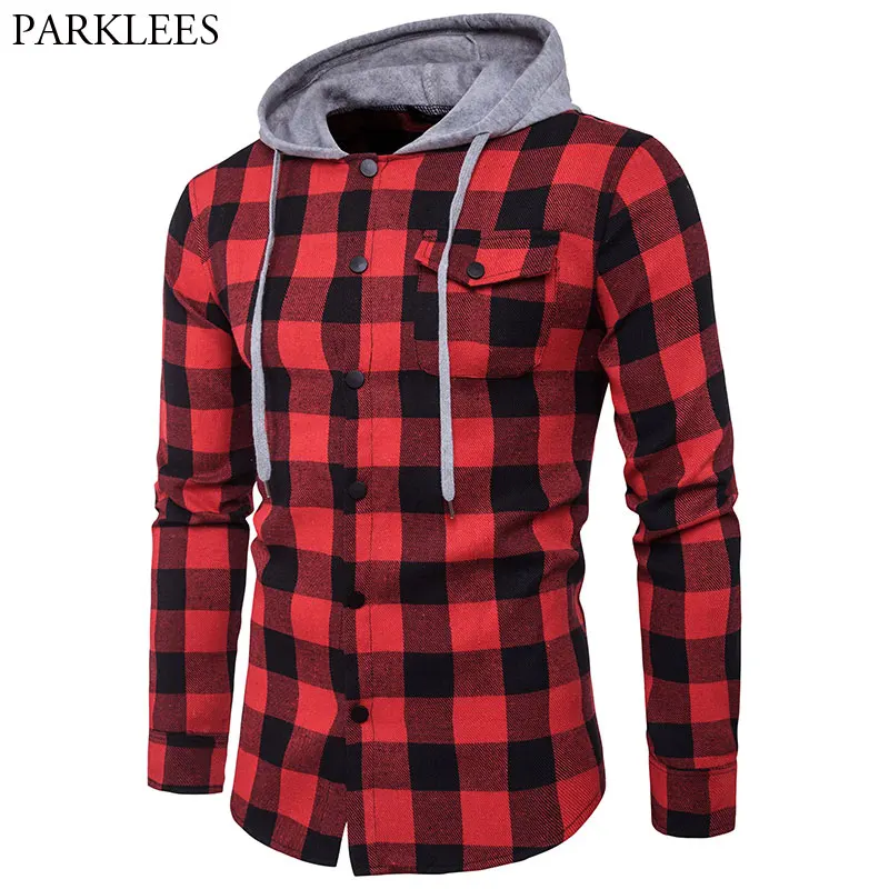 Red Black Plaid Hooded Shirt Men Long Sleeve Slim Fit Casual Checkered Hoodies Shirts Mens Pocket Button Front Chemise Homme 2XL
Red Black Plaid Hooded Shirt Men Long Sleeve Slim Fit Casual Checkered Hoodies Shirts Mens Pocket Button Front Chemise Homme 2XL