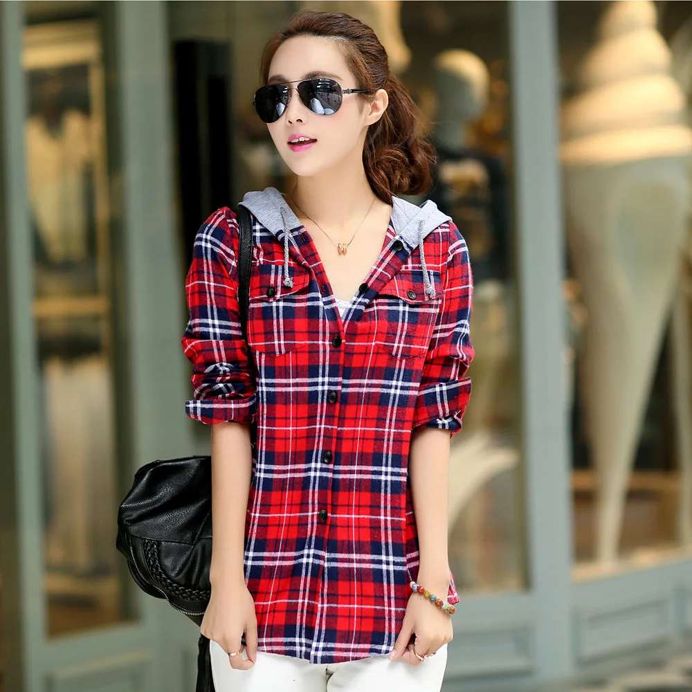 Осенняя Повседневная рубашка, топы в клетку с длинным рукавом, Женская Студенческая облегающая куртка большого размера с капюшоном 
Осенняя Повседневная рубашка, топы в клетку с длинным рукавом, Женская Студенческая облегающая куртка большого размера с капюшоном