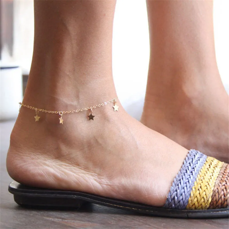 Фото Модный ножной браслет с золотой кисточкой и многослойной подвеской в виде звезды