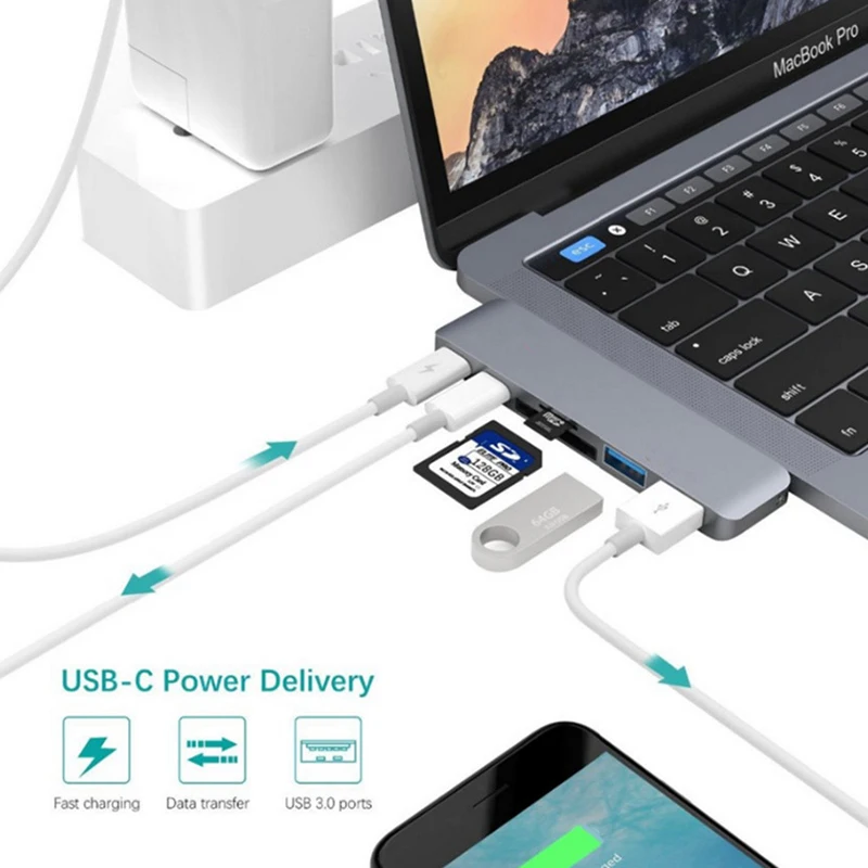 6 в 1 USB C Hub Type TF Micro SD Card Reader Type-C to USB3.0 с USB-C зарядным устройством PD для MacBook Pro 13 "15"
