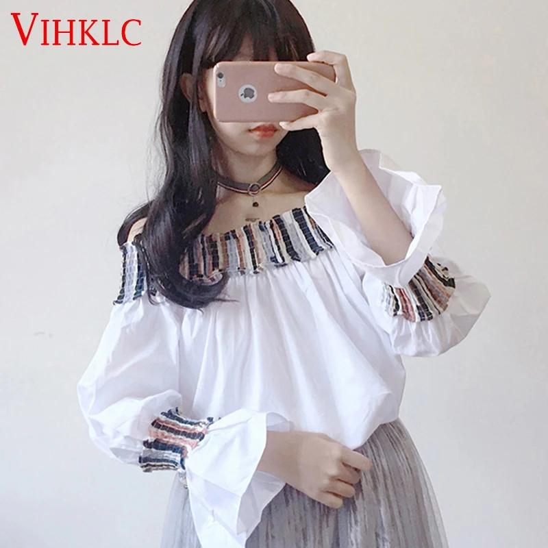 Vihklc 2018 Новое лето/Весна студенческая Футболка Мода Slash шеи femaletee с расклешенными