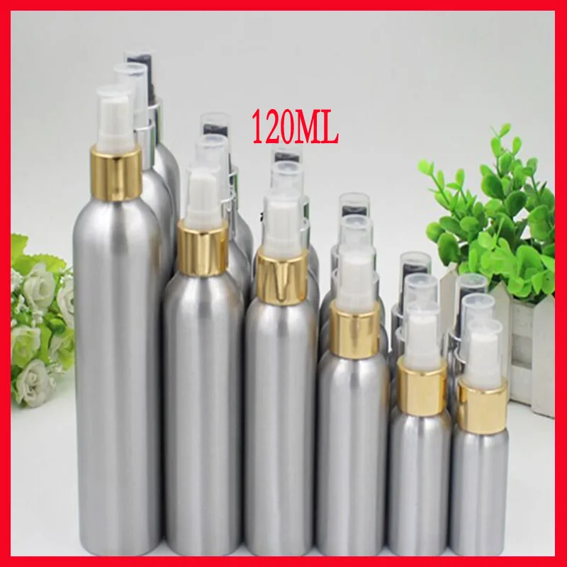120ml Aluminium bottle pump sprayer bottle w silver/gold shoulder metal bottle Refillable bottle mist sprayer 100pcs/lot
120ml Aluminium bottle pump sprayer bottle w silver/gold shoulder metal bottle Refillable bottle mist sprayer 100pcs/lot