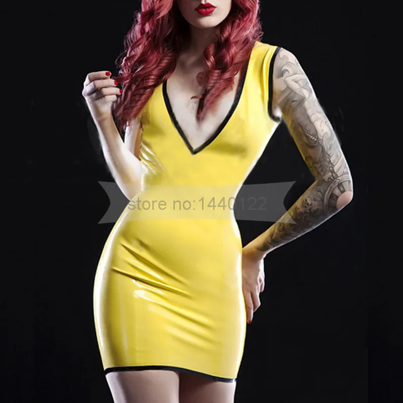 Deep V neck Sleeveless Latex Women Dress Yellow and Black Trims Sexy Costumes Club Dresses BNLD240
Deep V neck Sleeveless Latex Women Dress Yellow and Black Trims Sexy Costumes Club Dresses BNLD240
