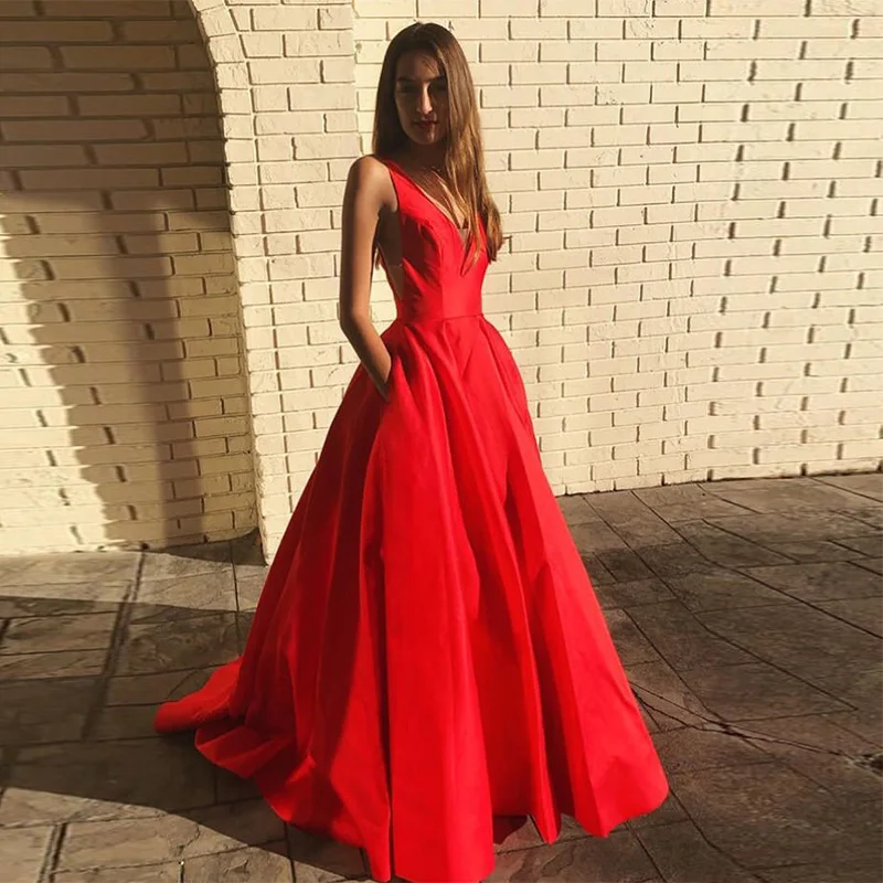 Simple V-neck Prom Dresses With Pockets Sleeveless Vestidos de formal Prom Gowns Backless Red Satin Women Formal Party Dresses
Simple V-neck Prom Dresses With Pockets Sleeveless Vestidos de formal Prom Gowns Backless Red Satin Women Formal Party Dresses