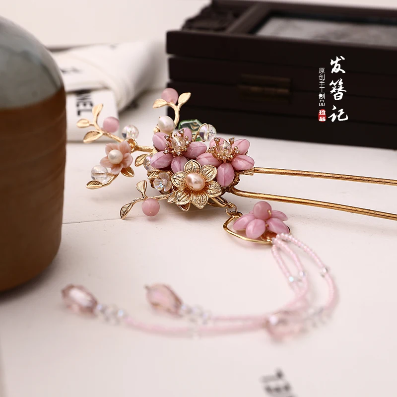 vintage pink beaded Cherry blossoms handmade Hair pin hair sticks crown accessories Headwear for kimono hanfu COSPLAY | Аксессуары для