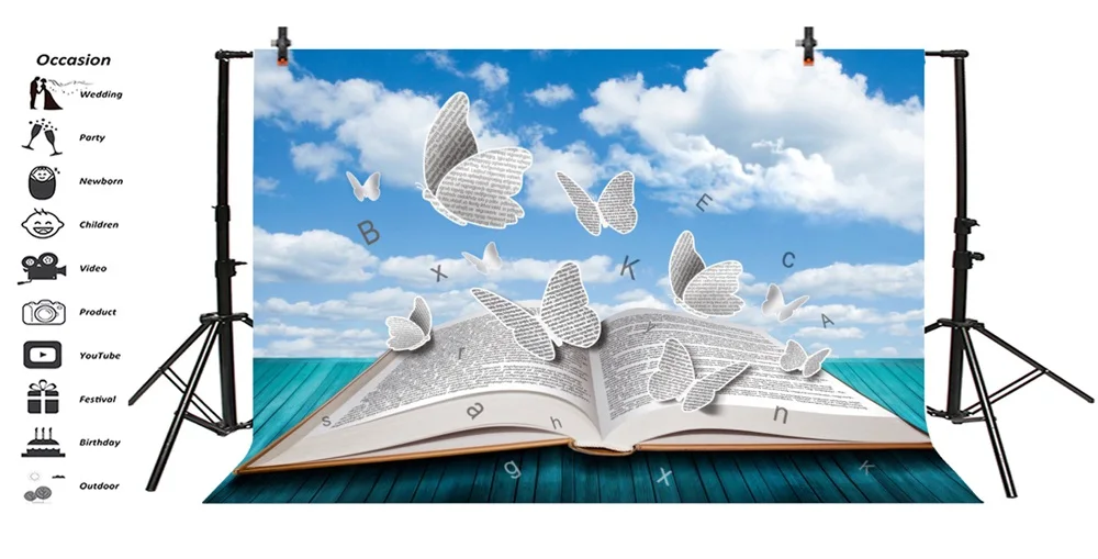 Фотофоны Laeacco Magic Book с бабочками декоративная деревянная доска пасмурное небо