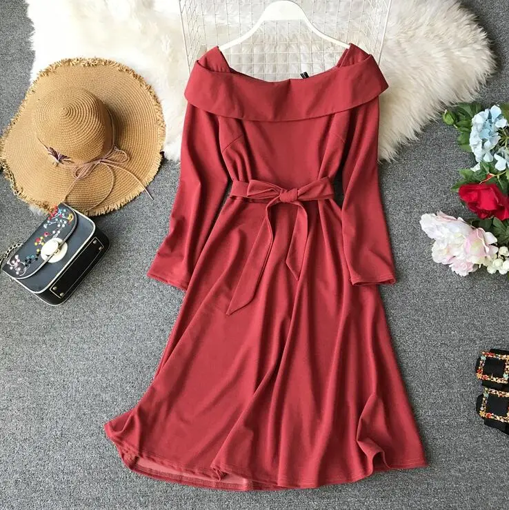 Women's spring autumn long sleeve casual dress female slash neck bow belt dress TB1319
Women's spring autumn long sleeve casual dress female slash neck bow belt dress TB1319