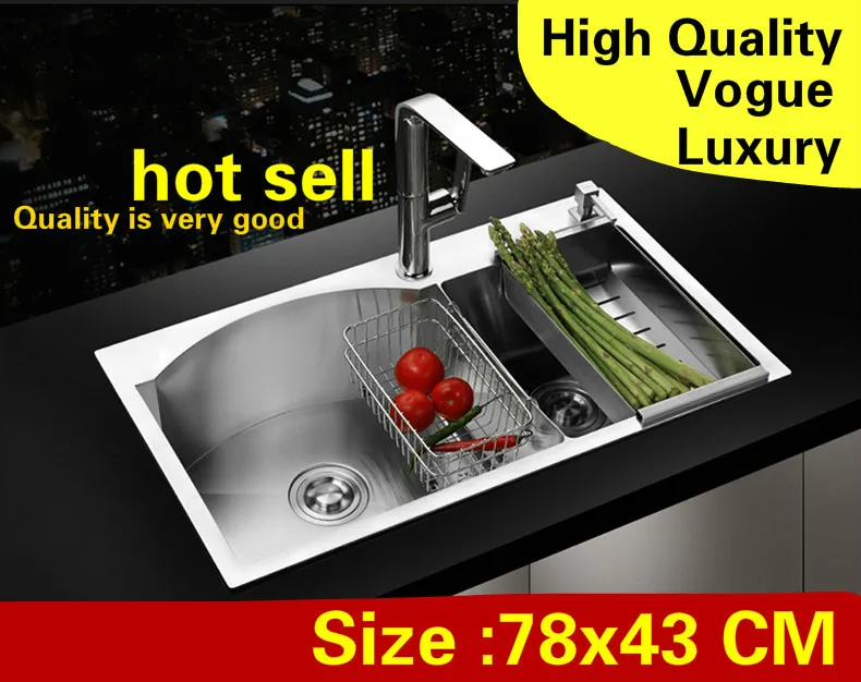 

Free shipping Apartment vogue wash vegetables luxury kitchen manual sink double groove 304 stainless steel hot sell 780x430 MM