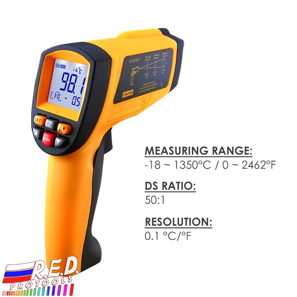 50:1 Digital Handheld IR Non-Contact Laser Thermometer 0.1~1 EM Pyrometer -18 to 1350 Degree C (0 ~ 2462 Degree F) Range
50:1 Digital Handheld IR Non-Contact Laser Thermometer 0.1~1 EM Pyrometer -18 to 1350 Degree C (0 ~ 2462 Degree F) Range