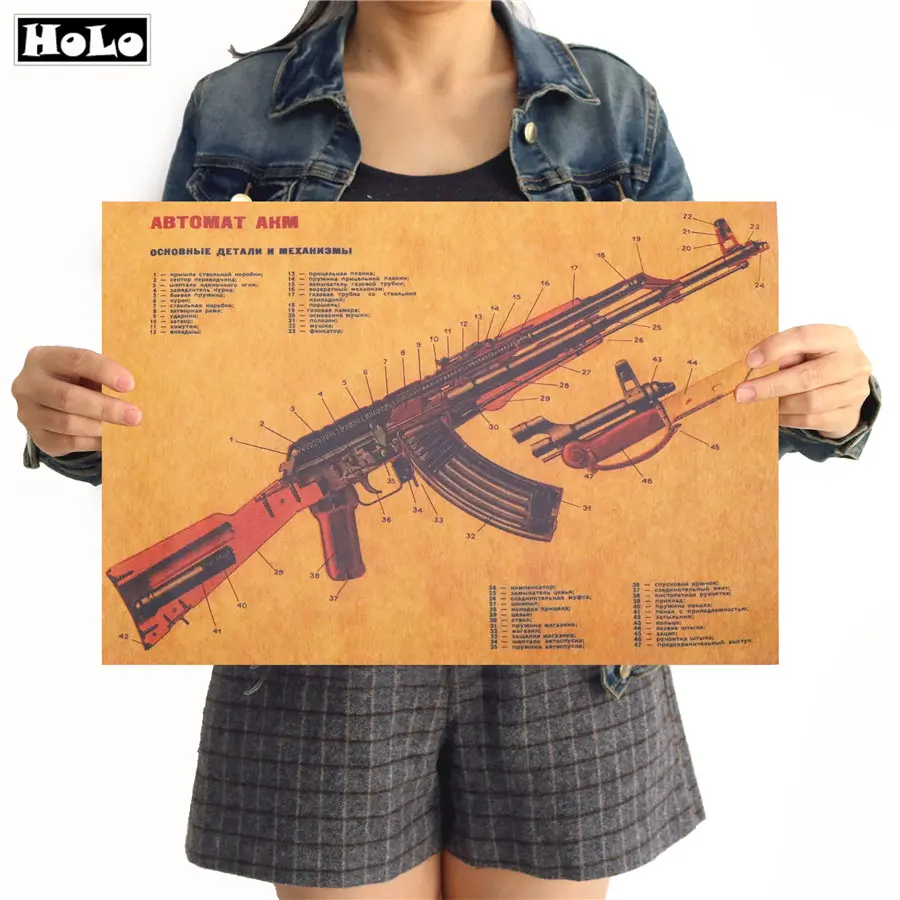 AK47 пистолет демонтаж картина винтажный постер из крафт бумаги Наклейка на стену