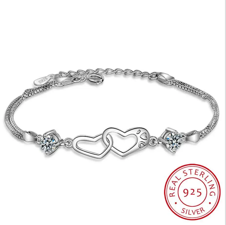925 Sterling Silver Zircon Double Love Heart Bracelet Bangles For Women Gift Wedding Jewelry Pulseira Feminina
925 Sterling Silver Zircon Double Love Heart Bracelet Bangles For Women Gift Wedding Jewelry Pulseira Feminina