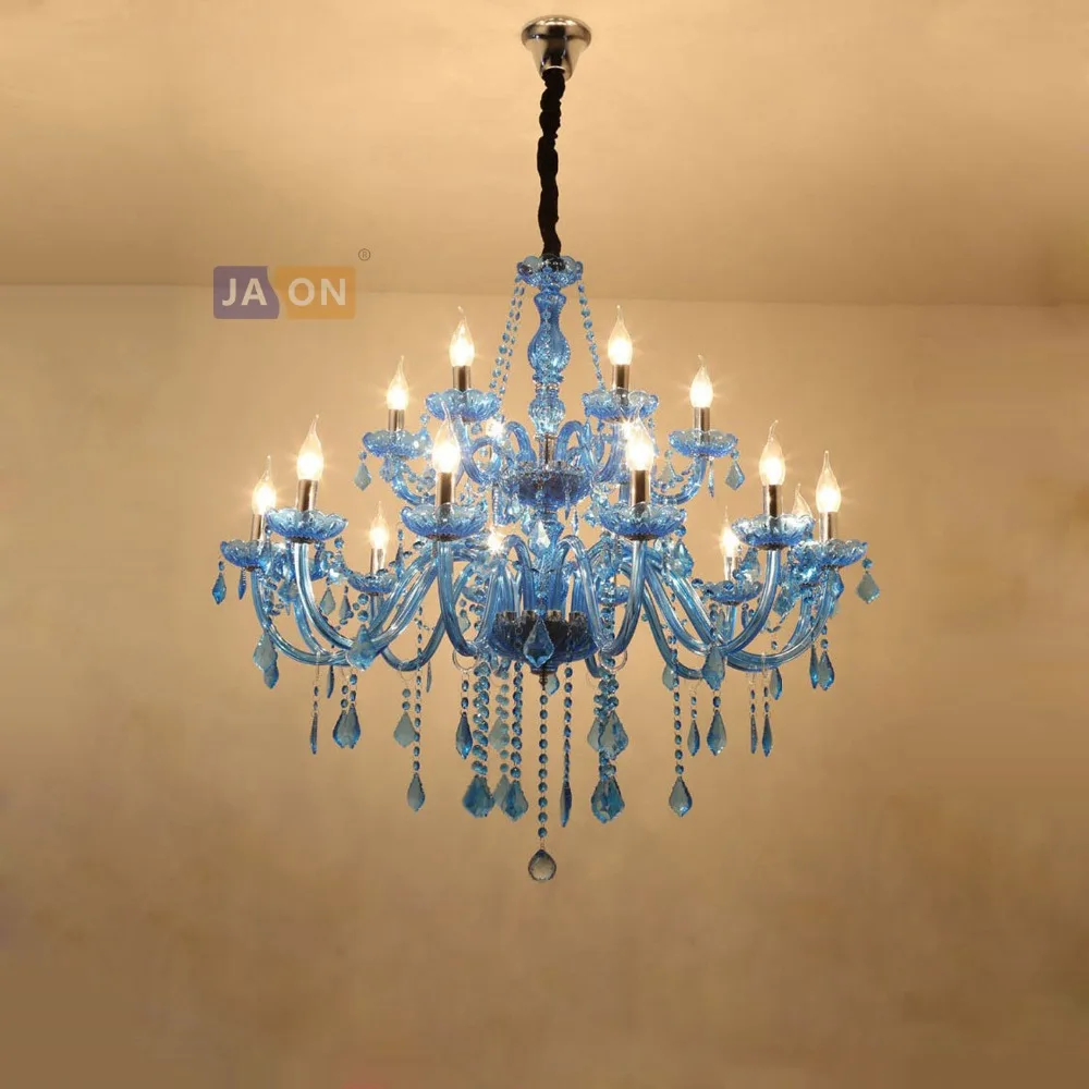 

led e14 European Iron Crystal Glass Fabric Blue Chandelier Lighting Lamparas De Techo Suspension Luminaire Lampen For Foyer