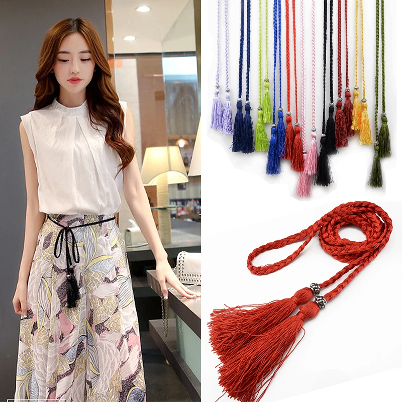 

Waist chain 1PC Braided Belt Woven Tassles Belts Waistband Hot Sale waist rope Ladies Tassel 160cm Women decorated waist