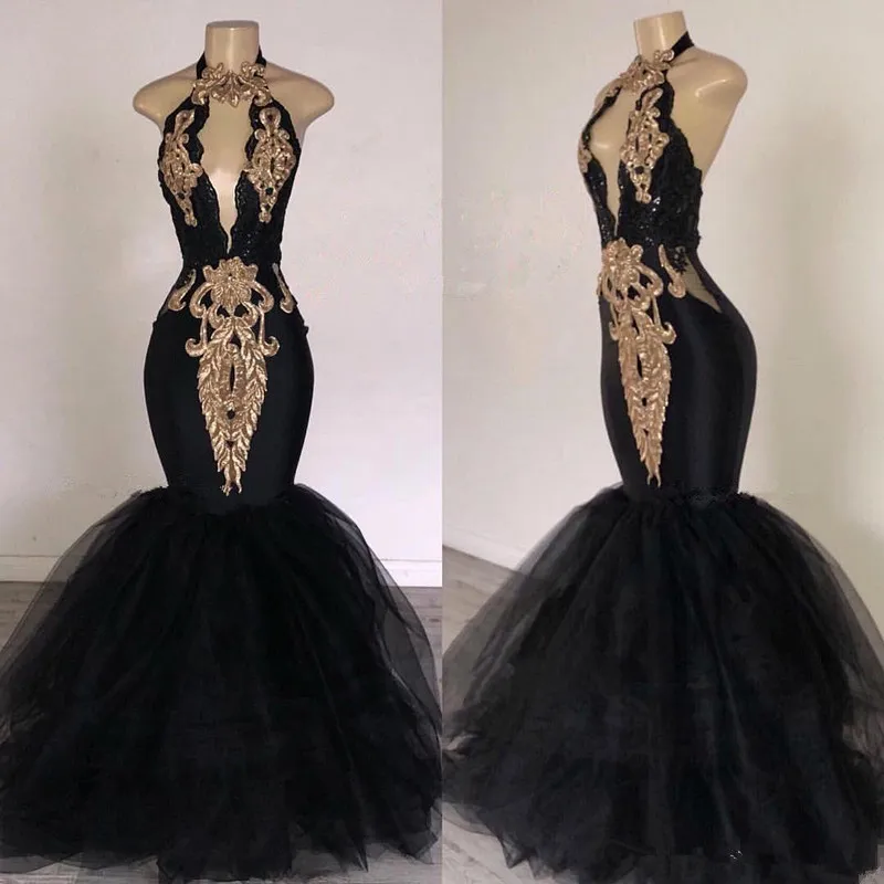 2019 Black Prom Dresses with Gold Appliqued Mermaid South Africa Formal Evening Dress Halter Neck Sweep Train Occasion dress
2019 Black Prom Dresses with Gold Appliqued Mermaid South Africa Formal Evening Dress Halter Neck Sweep Train Occasion dress