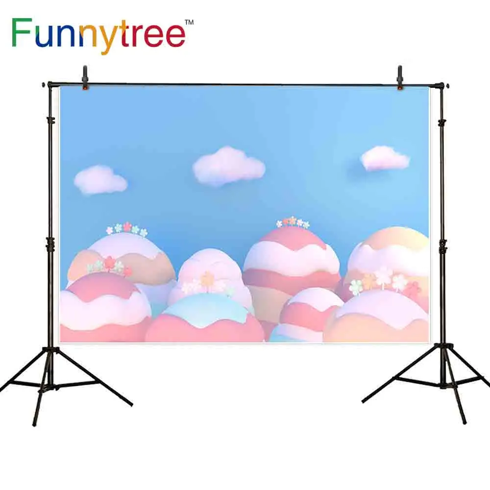 Funnytree photography birthday backdrops Baby blue sky clouds colorful cute small flowers Dessert candy bar photocall wallpaper |