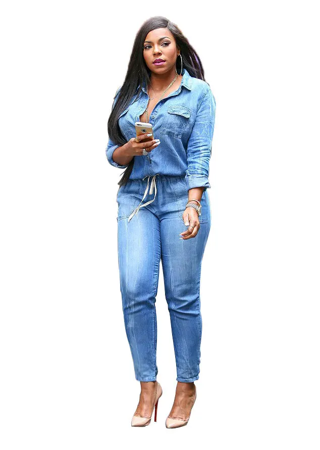 Plus Size Blue Jeans Jumpsuit Casual Turn Down Collar Drawstring Waist Long Coverall Full Sleeve Pockets Denim Rompers Women 3XL
Plus Size Blue Jeans Jumpsuit Casual Turn Down Collar Drawstring Waist Long Coverall Full Sleeve Pockets Denim Rompers Women 3XL