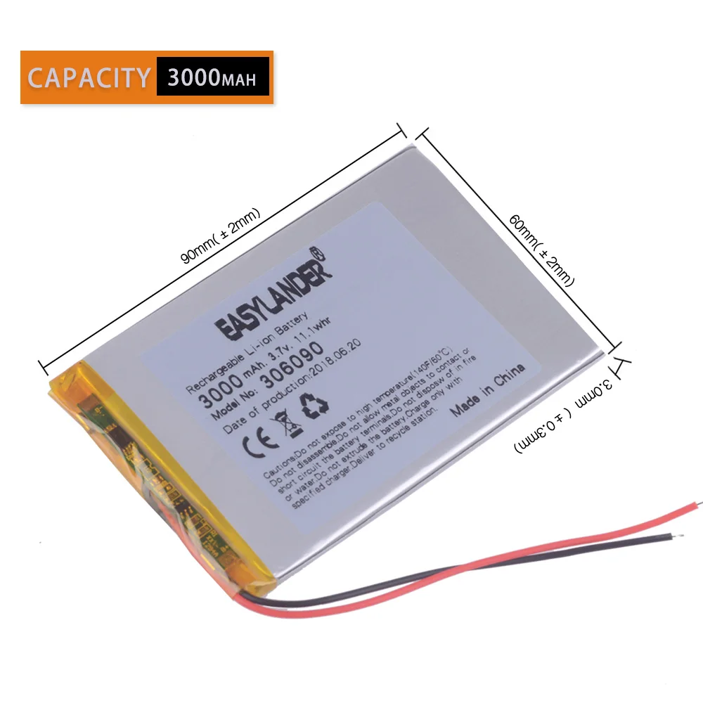 3.7V 306090 high-capacity lithium polymer batteries 286090 3000MAH battery Universal Rechargeable Battery
3.7V 306090 high-capacity lithium polymer batteries 286090 3000MAH battery Universal Rechargeable Battery