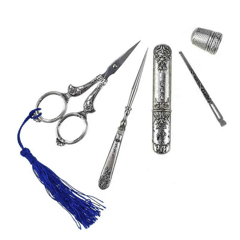 New 5pcs Sewing Scissors Set Vintage Silver Embroidery Tool Awl Threader Thimble Needle Case Sewing Kit with Box For Women Mom
New 5pcs Sewing Scissors Set Vintage Silver Embroidery Tool Awl Threader Thimble Needle Case Sewing Kit with Box For Women Mom
