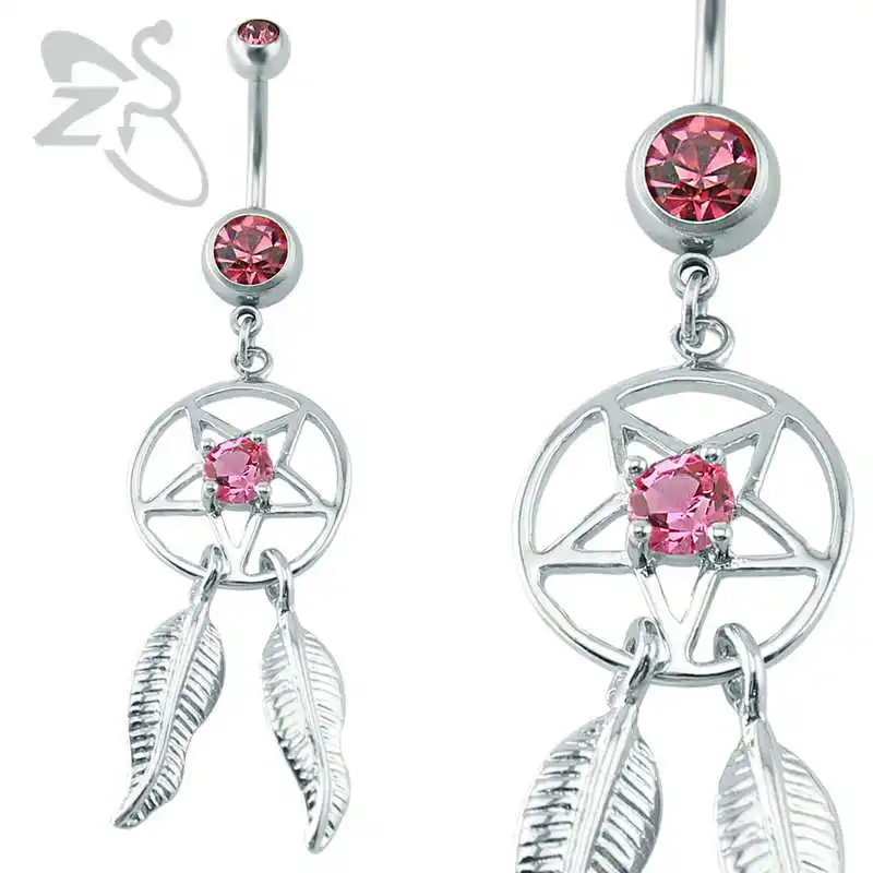 Pink Crystal Navel & Bell Button Leaves Dreamcatcher Dangling Sexy Women Body Piercing Jewelry Stainless Steel Rings | Украшения и