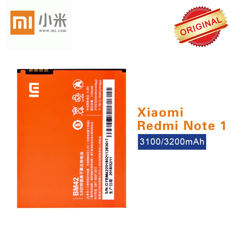 100% Original Battery BM42 for Xiaomi Redmi Note Hongmi Redrice Note1 3100/3200mAh High Quality akku
100% Original Battery BM42 for Xiaomi Redmi Note Hongmi Redrice Note1 3100/3200mAh High Quality akku