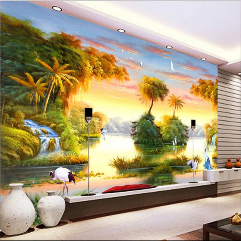 

beibehang Sunset beautiful painting TV sofa background wall custom large fresco green wallpaper papel de parede para quarto