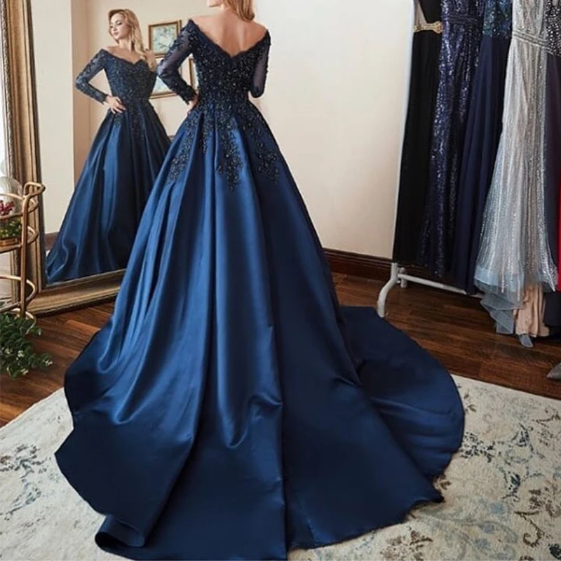 Navy Blue Long Sleeves Prom Dress V-neck Satin 2019 Hot Sale Women Formal Party Gowns A-line Appliques Vestido De Formatura
Navy Blue Long Sleeves Prom Dress V-neck Satin 2019 Hot Sale Women Formal Party Gowns A-line Appliques Vestido De Formatura