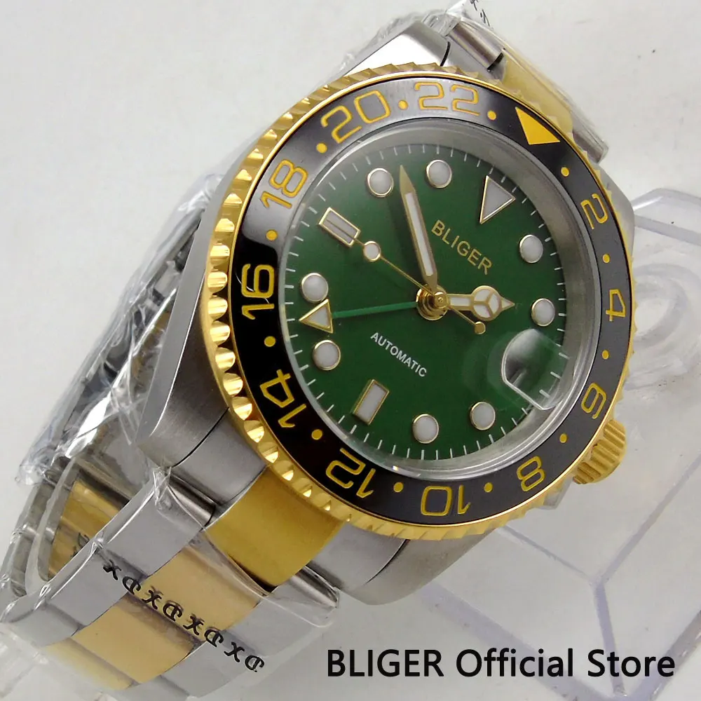 Solid BLIGER 40MM Green Dial Ceramic Bezel GMT Function Sapphire Crystal Luminous Gold Plated Automatic Movement Men's Watch
Solid BLIGER 40MM Green Dial Ceramic Bezel GMT Function Sapphire Crystal Luminous Gold Plated Automatic Movement Men's Watch