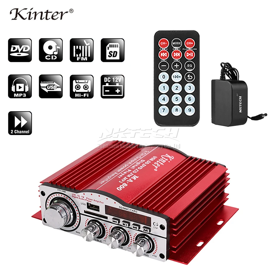 

MA-800 Kinter Car Power Amplifier IR Remote Digital Player HiFi Stereo 2x 25W SD USB CD DVD MP3 FM Bass Treble Sound Home Audio