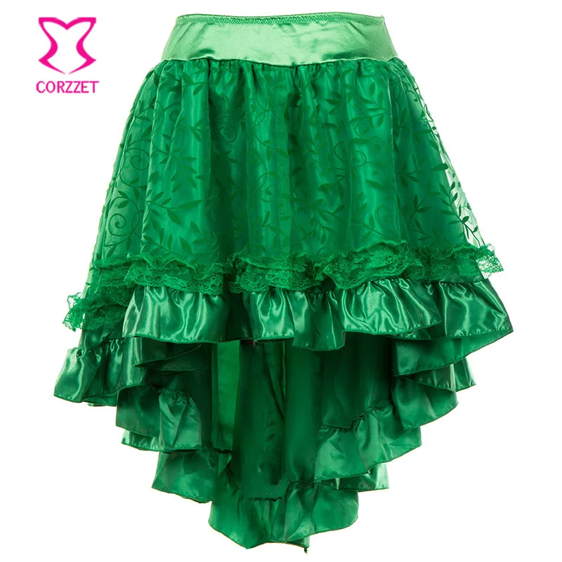 

Victorian Green Ruffle Satin Tulle Layered Asymmetrical Gothic Skirts Women Retro Steampunk Burlesque Clothing Skirt