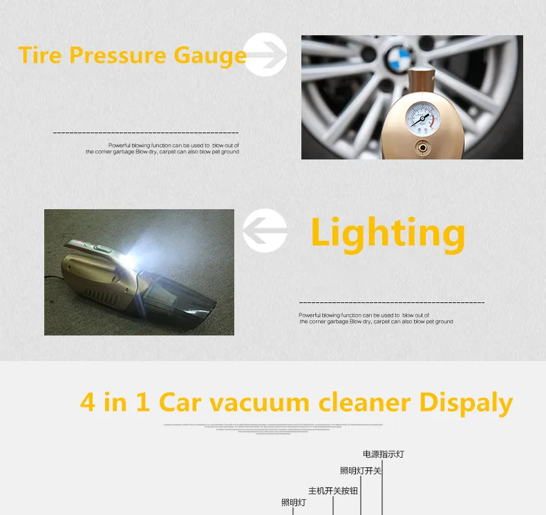 4 in 1 Multifunctional High Power 12V 120W Air Compressor Tire inflator Handheld Car Vacuum Cleaner
4 in 1 Multifunctional High Power 12V 120W Air Compressor Tire inflator Handheld Car Vacuum Cleaner