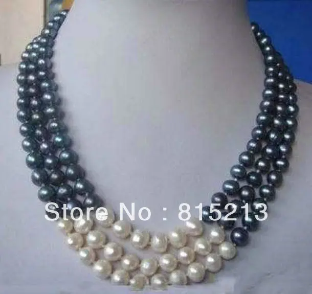 N116 3 row 7-8mm white &black pearl necklace N Discount NEW