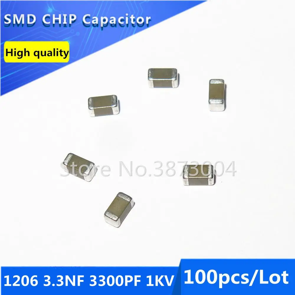 

100pcs 1206 3.3NF 3300PF 1KV 10% Thick Film Chip Multilayer Ceramic Capacitor