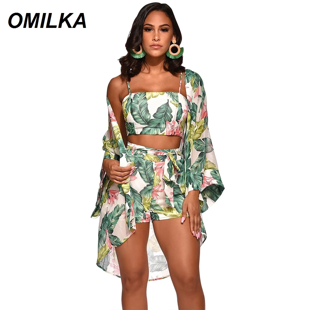 OMILKA 3 шт. укороченный Топ короткий и телефон 2019 летний женский шифоновый с принтом