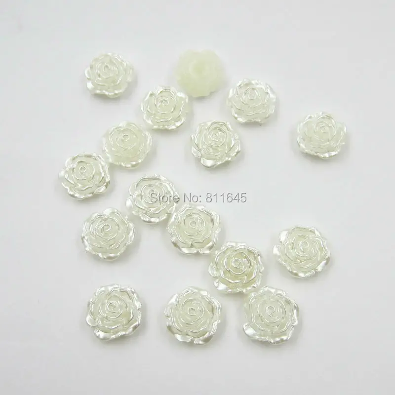 200pcs/lot White Ivory Flower Flat Back Scrapbook Simulated Pearl Beads Sewing Button Beading DIY Material Findings 15mm