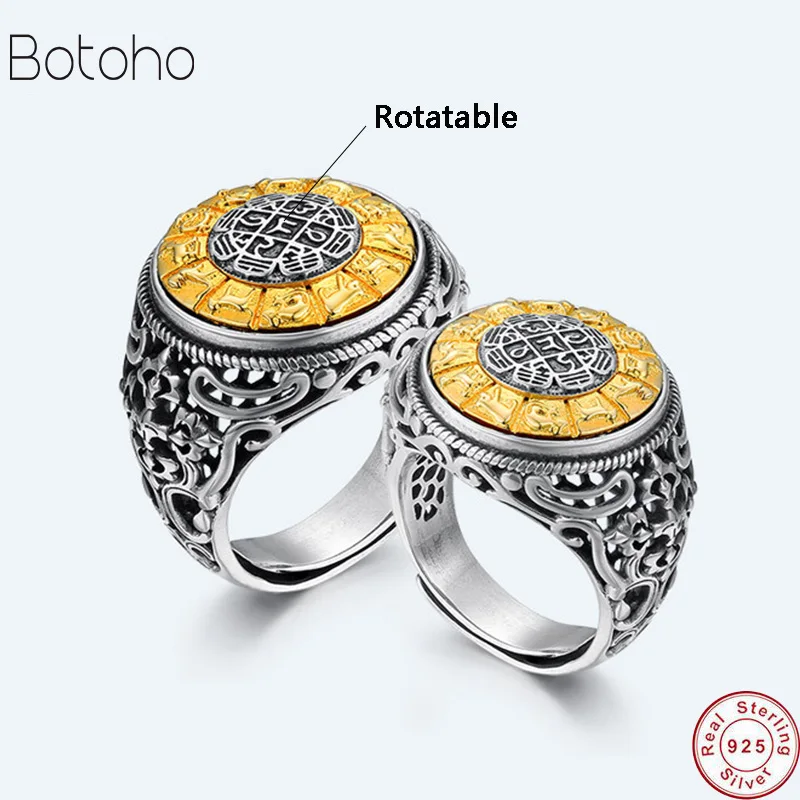 2019 Vintage Six Words Mantra Rings Rotatable Zodiac 925 Sterling Silver For Women Men Lovers Couples Om Mani Padme Hum | Украшения и