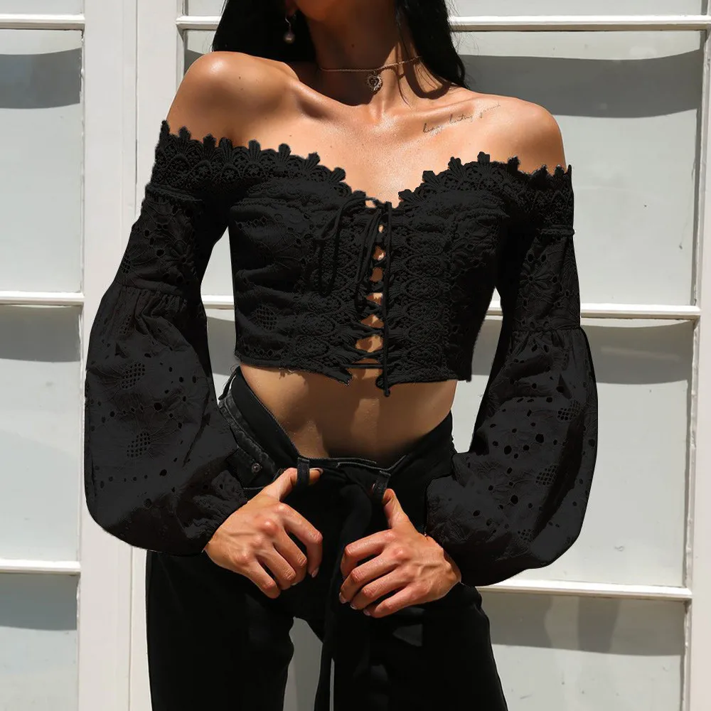 Women Off Shoulder Sexy Tops Long Sleeve Hollow Lace Loose Blouse Solid Bandage Tops
Women Off Shoulder Sexy Tops Long Sleeve Hollow Lace Loose Blouse Solid Bandage Tops