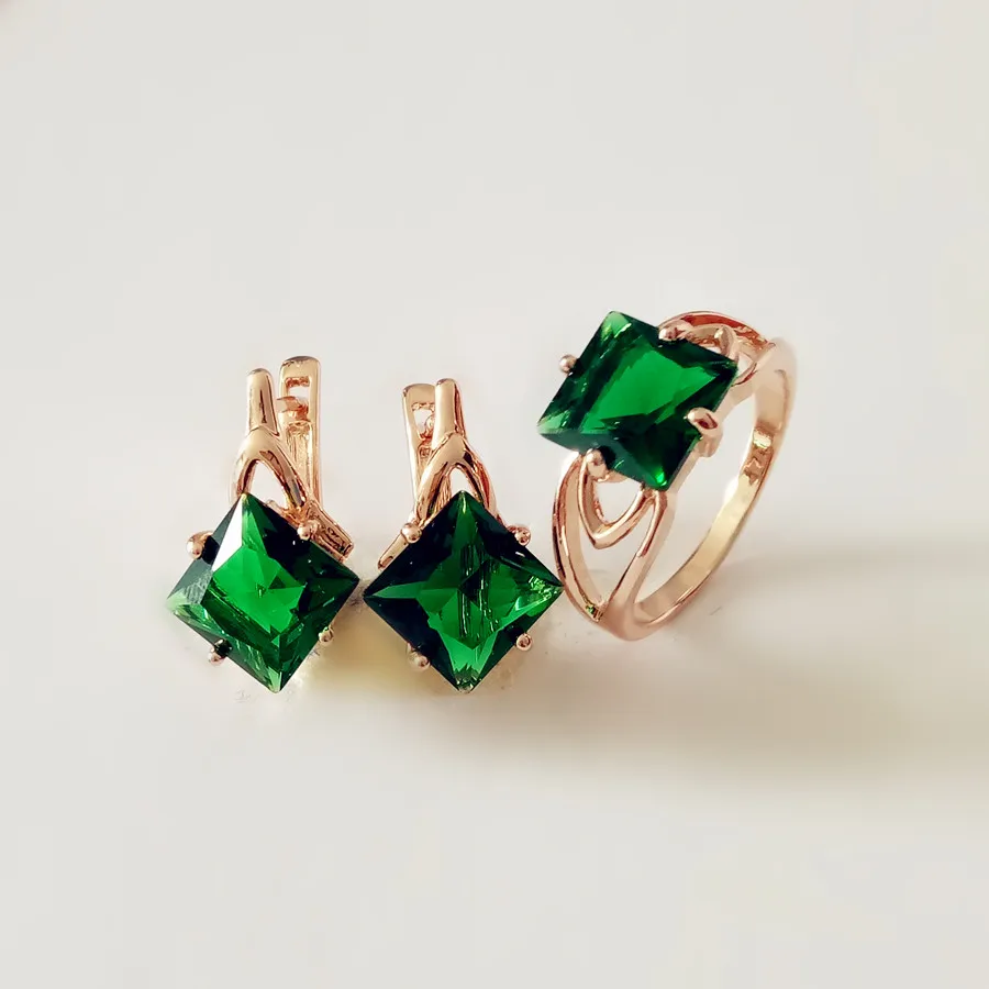 Роскошные офисные Стиль зеленого кубического женское циркониевое кольцо серьги