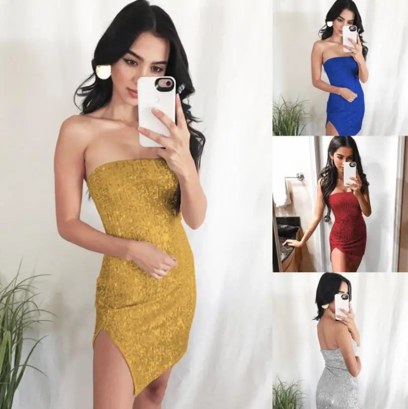 Tube Top open Back Women's Dress New Split sequins word collar slim bag hip dress Summer Female Mini Pencil Sexy Party Dress
Tube Top open Back Women's Dress New Split sequins word collar slim bag hip dress Summer Female Mini Pencil Sexy Party Dress
