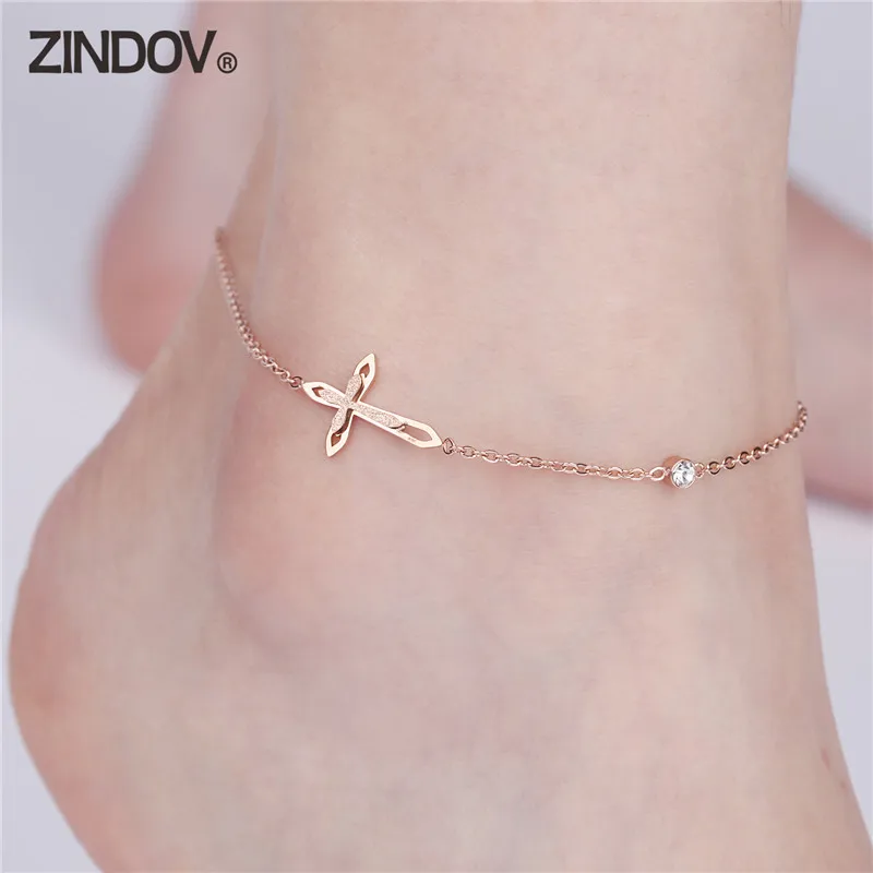 Женский браслет на ногу ZINDOV золотой из нержавеющей стали с кристаллами розового