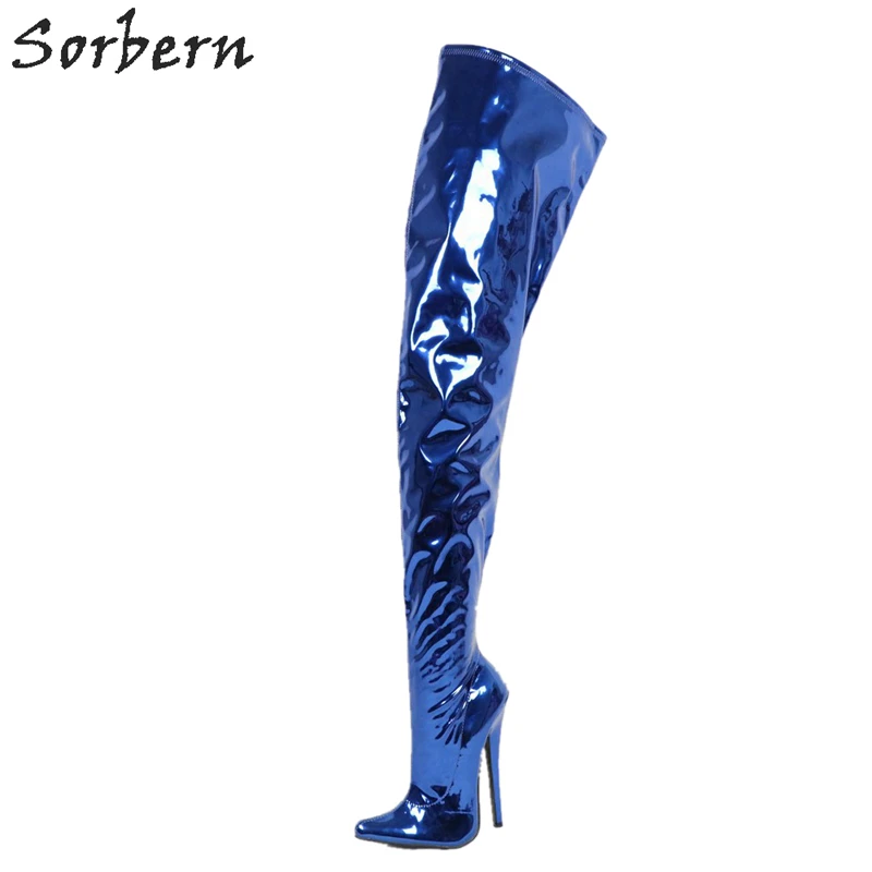 

Sorbern Metallic Blue Women Boots Thigh High Women Shoes 18Cm Spike High Heels Custom Leg Shaft Length-Width Long Boots Unisex