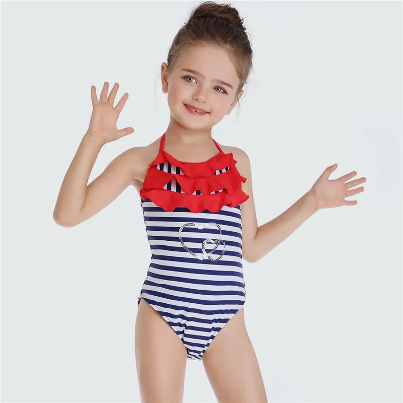 New Girls One Piece Swimsuits Striped Falbala Collar Cute Swimming Suits Children Swimwear Summer Kids Bathing 5-14Y | Спорт и