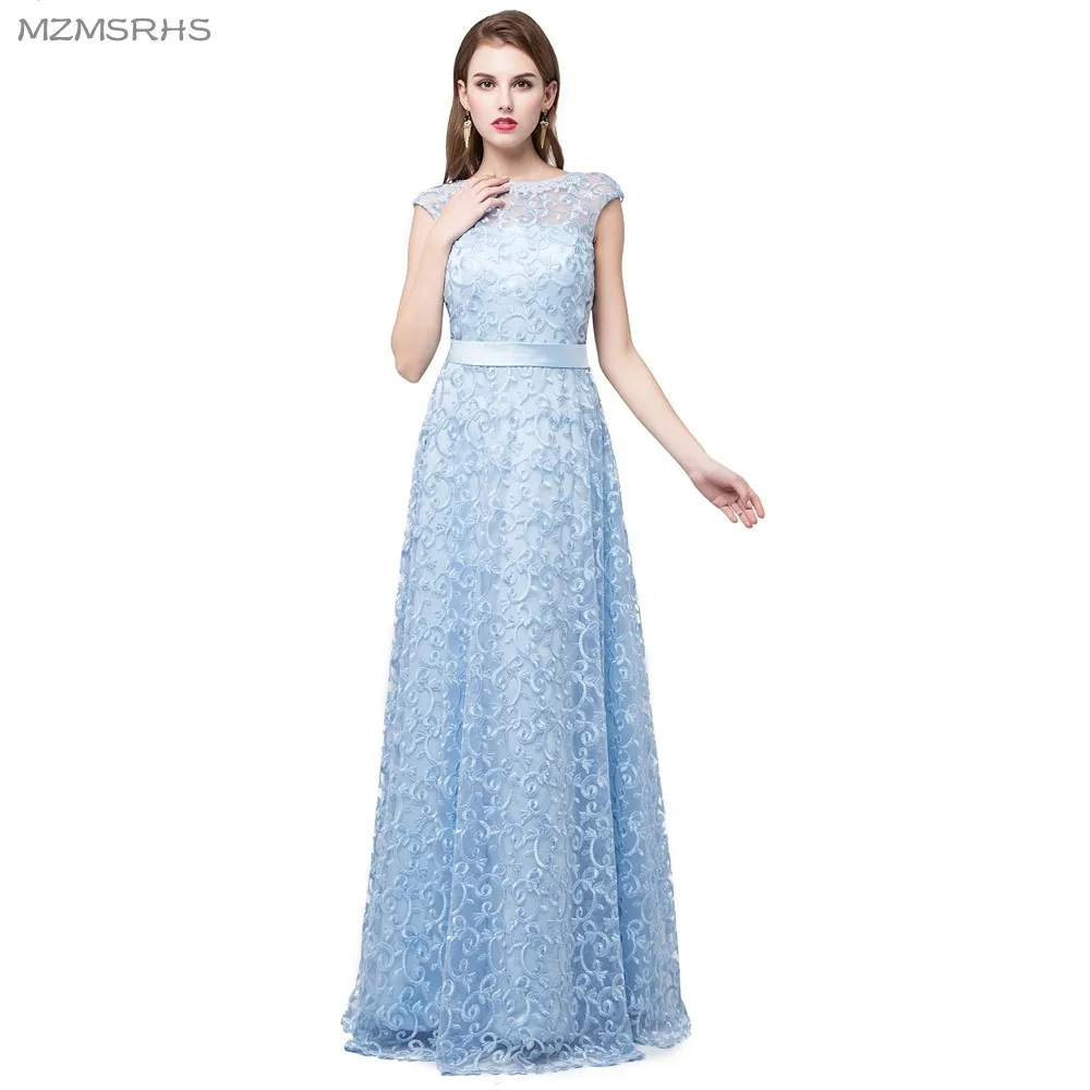 Фото MZMSRHS небесно-голубое платье с круглым вырезом и длинным кружевным рукавом модель