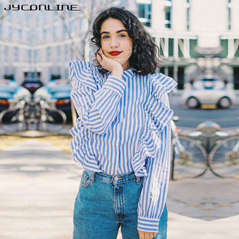 JYConline Ruffles Frilled Blouse Blue Striped Shirts 2017 Cool Long Sleeve Blouse Women Tops Stand Collar Chemise Femme Blusas
JYConline Ruffles Frilled Blouse Blue Striped Shirts 2017 Cool Long Sleeve Blouse Women Tops Stand Collar Chemise Femme Blusas